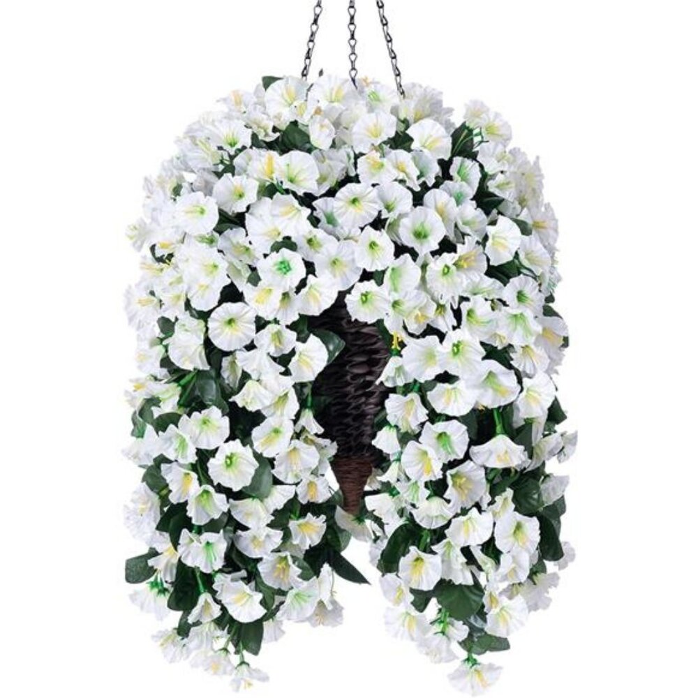 Artificial Faux Hanging White Flowers Plants Basket for Outdoor Outside